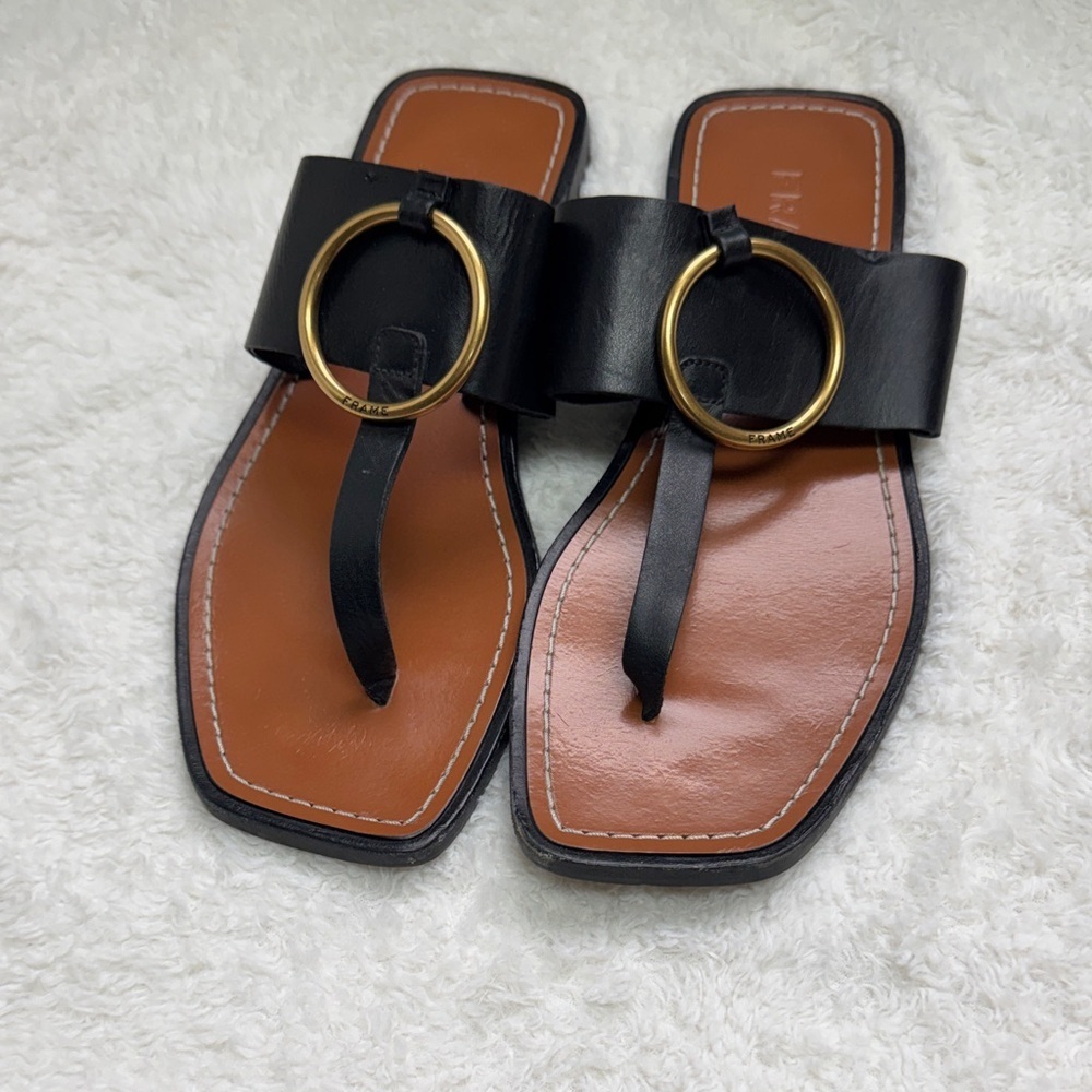 Frame Denim Black Sandals with Gold Ring